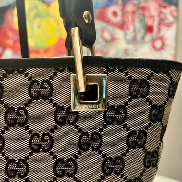 Authentic Gucci Black and Brown GG Canvas Tote with Black Leather Handles - Picture 4 of 16